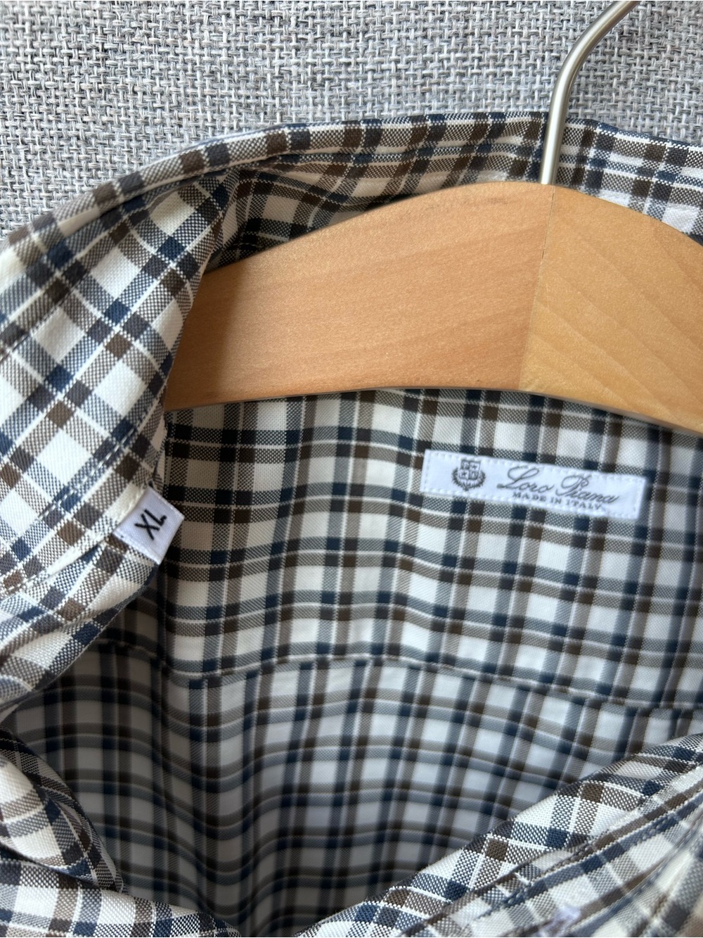 Loro Piana Men’s XL Navy and a Taupe Brown Checked Button-Down Shirt